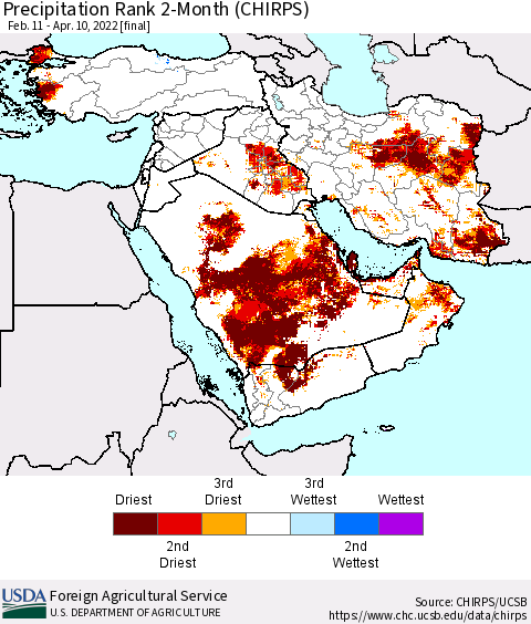 Middle East and Turkey Precipitation Rank since 1981, 2-Month (CHIRPS) Thematic Map For 2/11/2022 - 4/10/2022