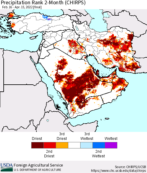 Middle East and Turkey Precipitation Rank since 1981, 2-Month (CHIRPS) Thematic Map For 2/16/2022 - 4/15/2022