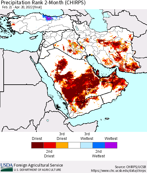 Middle East and Turkey Precipitation Rank since 1981, 2-Month (CHIRPS) Thematic Map For 2/21/2022 - 4/20/2022