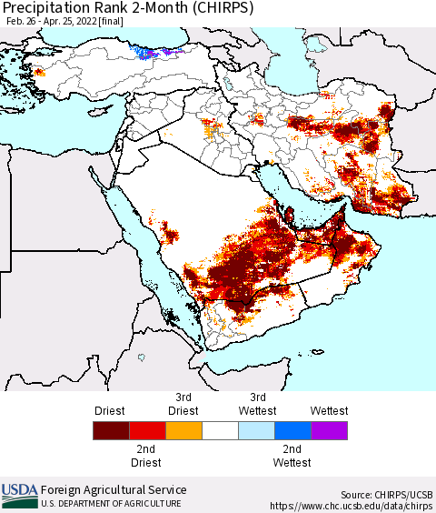 Middle East and Turkey Precipitation Rank since 1981, 2-Month (CHIRPS) Thematic Map For 2/26/2022 - 4/25/2022