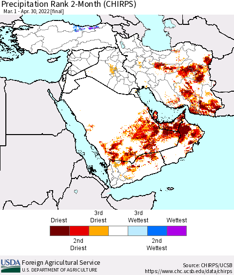 Middle East and Turkey Precipitation Rank since 1981, 2-Month (CHIRPS) Thematic Map For 3/1/2022 - 4/30/2022