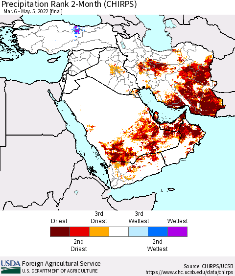 Middle East and Turkey Precipitation Rank since 1981, 2-Month (CHIRPS) Thematic Map For 3/6/2022 - 5/5/2022