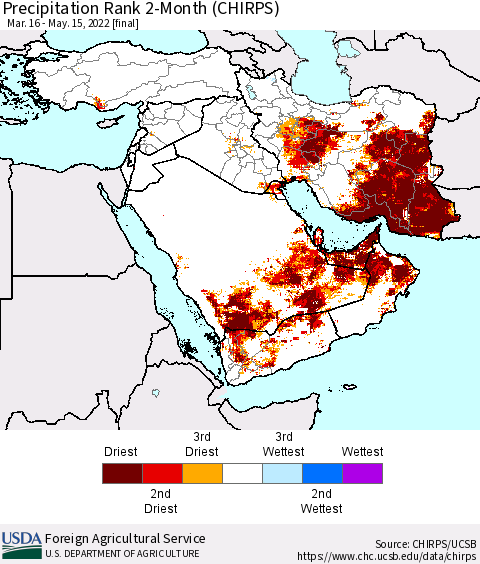 Middle East and Turkey Precipitation Rank since 1981, 2-Month (CHIRPS) Thematic Map For 3/16/2022 - 5/15/2022
