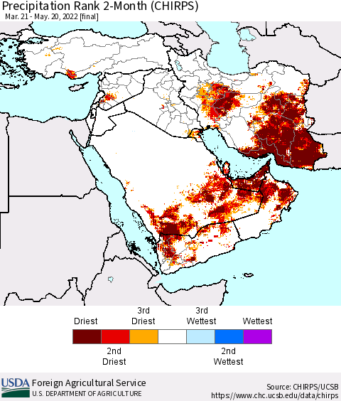 Middle East and Turkey Precipitation Rank since 1981, 2-Month (CHIRPS) Thematic Map For 3/21/2022 - 5/20/2022
