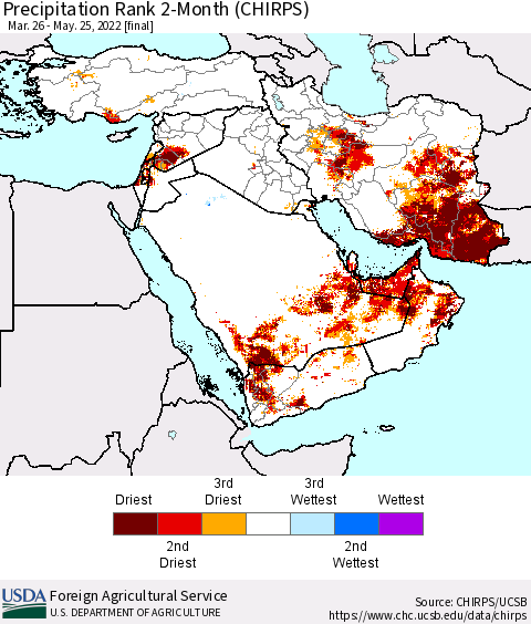 Middle East and Turkey Precipitation Rank since 1981, 2-Month (CHIRPS) Thematic Map For 3/26/2022 - 5/25/2022