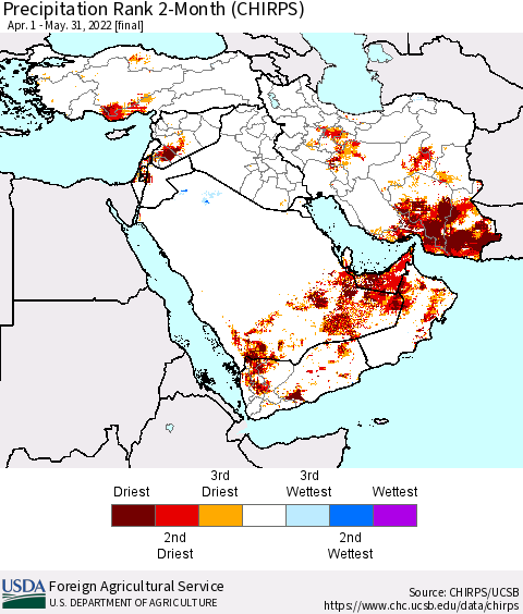 Middle East and Turkey Precipitation Rank since 1981, 2-Month (CHIRPS) Thematic Map For 4/1/2022 - 5/31/2022