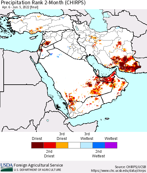 Middle East and Turkey Precipitation Rank since 1981, 2-Month (CHIRPS) Thematic Map For 4/6/2022 - 6/5/2022