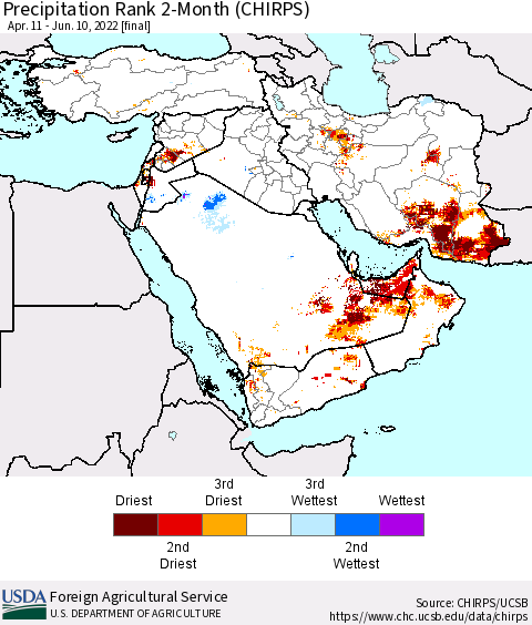 Middle East and Turkey Precipitation Rank since 1981, 2-Month (CHIRPS) Thematic Map For 4/11/2022 - 6/10/2022
