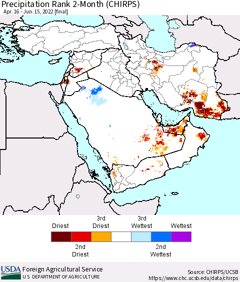 Middle East and Turkey Precipitation Rank since 1981, 2-Month (CHIRPS) Thematic Map For 4/16/2022 - 6/15/2022