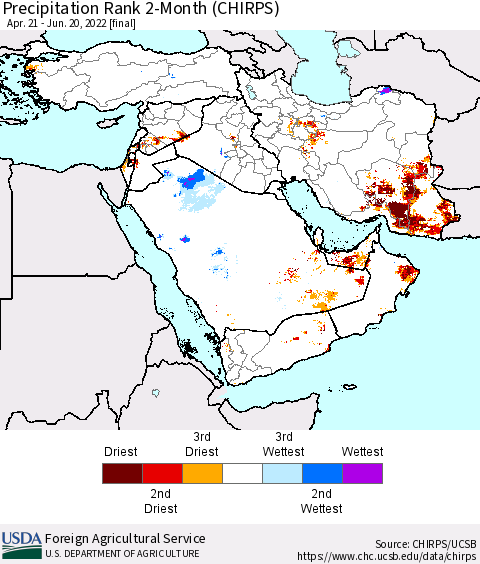 Middle East and Turkey Precipitation Rank since 1981, 2-Month (CHIRPS) Thematic Map For 4/21/2022 - 6/20/2022