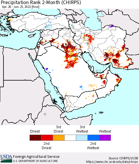 Middle East and Turkey Precipitation Rank since 1981, 2-Month (CHIRPS) Thematic Map For 4/26/2022 - 6/25/2022