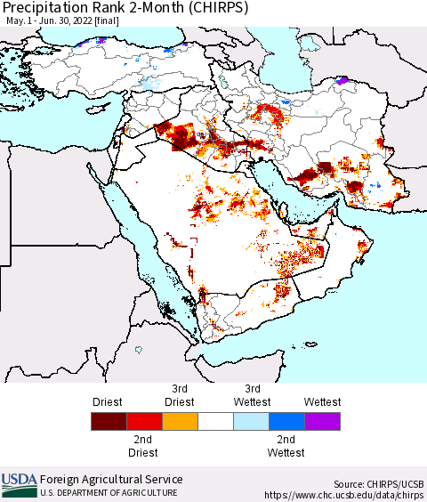Middle East and Turkey Precipitation Rank since 1981, 2-Month (CHIRPS) Thematic Map For 5/1/2022 - 6/30/2022