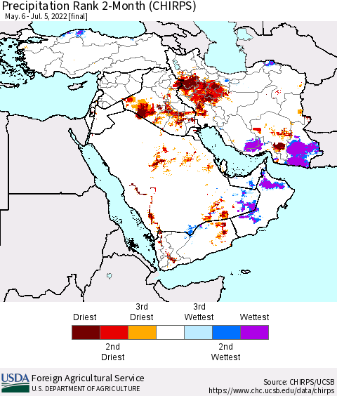 Middle East and Turkey Precipitation Rank since 1981, 2-Month (CHIRPS) Thematic Map For 5/6/2022 - 7/5/2022