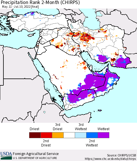 Middle East and Turkey Precipitation Rank since 1981, 2-Month (CHIRPS) Thematic Map For 5/11/2022 - 7/10/2022