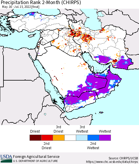 Middle East and Turkey Precipitation Rank since 1981, 2-Month (CHIRPS) Thematic Map For 5/16/2022 - 7/15/2022