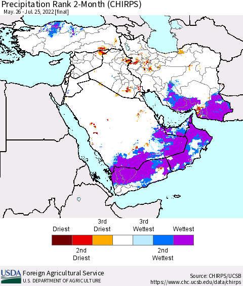 Middle East and Turkey Precipitation Rank since 1981, 2-Month (CHIRPS) Thematic Map For 5/26/2022 - 7/25/2022