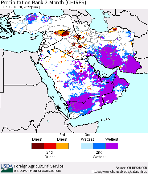 Middle East and Turkey Precipitation Rank since 1981, 2-Month (CHIRPS) Thematic Map For 6/1/2022 - 7/31/2022