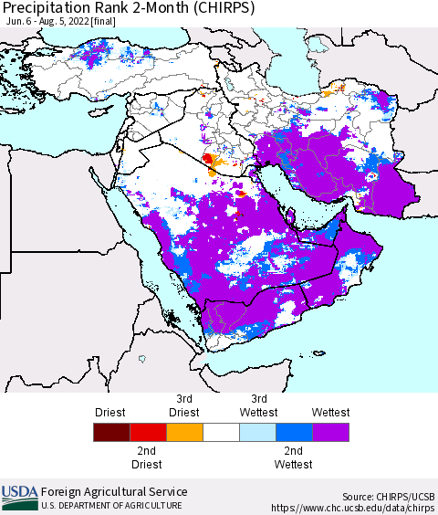 Middle East and Turkey Precipitation Rank since 1981, 2-Month (CHIRPS) Thematic Map For 6/6/2022 - 8/5/2022
