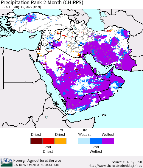 Middle East and Turkey Precipitation Rank since 1981, 2-Month (CHIRPS) Thematic Map For 6/11/2022 - 8/10/2022