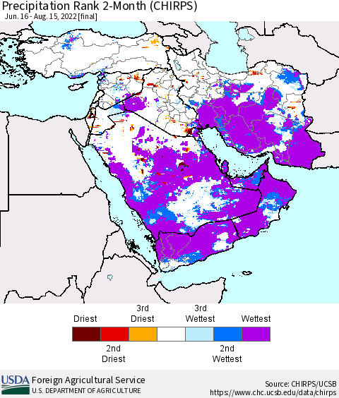 Middle East and Turkey Precipitation Rank since 1981, 2-Month (CHIRPS) Thematic Map For 6/16/2022 - 8/15/2022