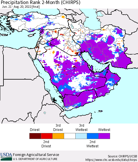 Middle East and Turkey Precipitation Rank since 1981, 2-Month (CHIRPS) Thematic Map For 6/21/2022 - 8/20/2022