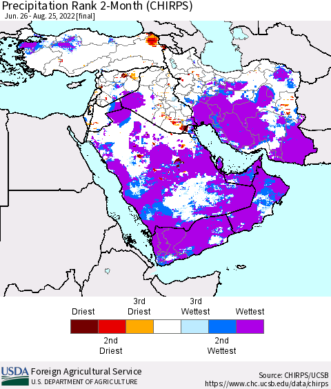 Middle East and Turkey Precipitation Rank since 1981, 2-Month (CHIRPS) Thematic Map For 6/26/2022 - 8/25/2022