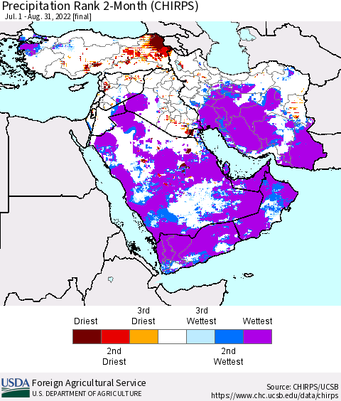 Middle East and Turkey Precipitation Rank since 1981, 2-Month (CHIRPS) Thematic Map For 7/1/2022 - 8/31/2022