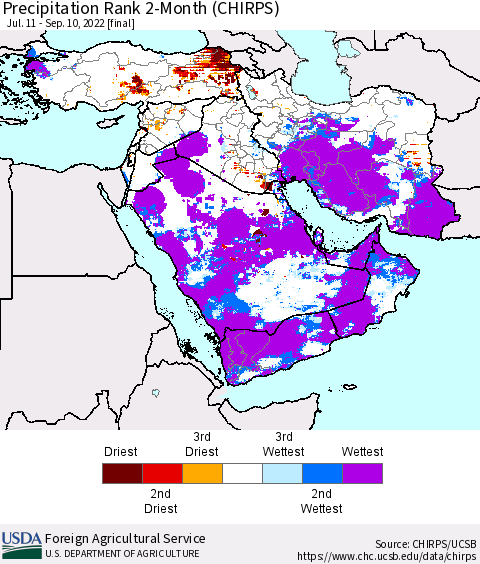 Middle East and Turkey Precipitation Rank since 1981, 2-Month (CHIRPS) Thematic Map For 7/11/2022 - 9/10/2022