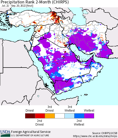 Middle East and Turkey Precipitation Rank since 1981, 2-Month (CHIRPS) Thematic Map For 7/21/2022 - 9/20/2022