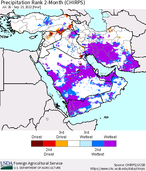Middle East and Turkey Precipitation Rank since 1981, 2-Month (CHIRPS) Thematic Map For 7/26/2022 - 9/25/2022