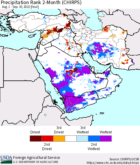 Middle East and Turkey Precipitation Rank since 1981, 2-Month (CHIRPS) Thematic Map For 8/1/2022 - 9/30/2022
