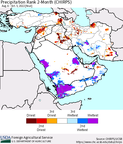 Middle East and Turkey Precipitation Rank since 1981, 2-Month (CHIRPS) Thematic Map For 8/6/2022 - 10/5/2022