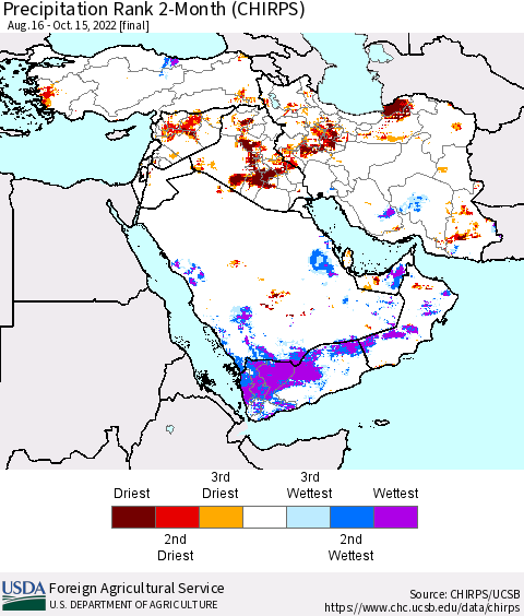 Middle East and Turkey Precipitation Rank since 1981, 2-Month (CHIRPS) Thematic Map For 8/16/2022 - 10/15/2022