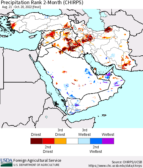 Middle East and Turkey Precipitation Rank since 1981, 2-Month (CHIRPS) Thematic Map For 8/21/2022 - 10/20/2022