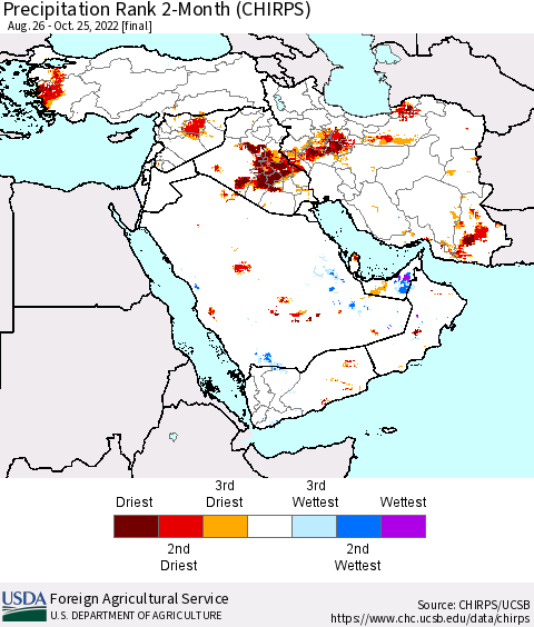 Middle East and Turkey Precipitation Rank since 1981, 2-Month (CHIRPS) Thematic Map For 8/26/2022 - 10/25/2022