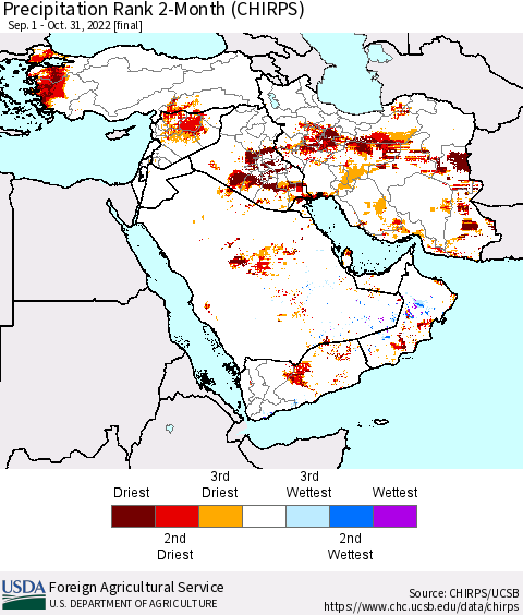 Middle East and Turkey Precipitation Rank since 1981, 2-Month (CHIRPS) Thematic Map For 9/1/2022 - 10/31/2022