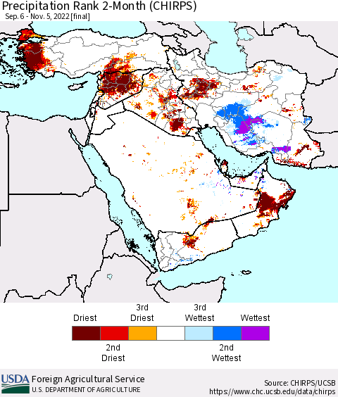 Middle East and Turkey Precipitation Rank since 1981, 2-Month (CHIRPS) Thematic Map For 9/6/2022 - 11/5/2022
