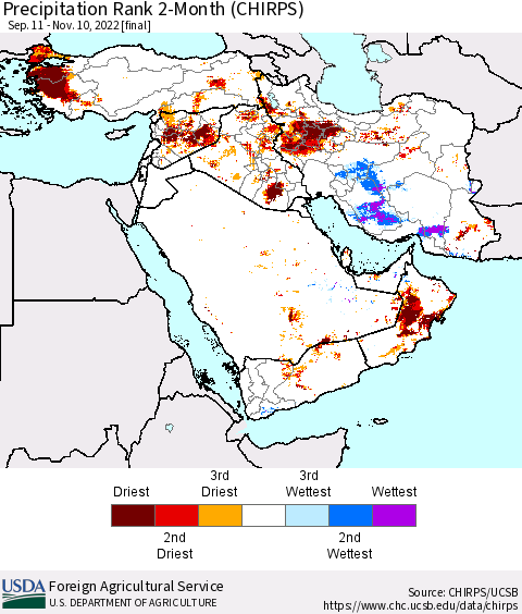 Middle East and Turkey Precipitation Rank since 1981, 2-Month (CHIRPS) Thematic Map For 9/11/2022 - 11/10/2022