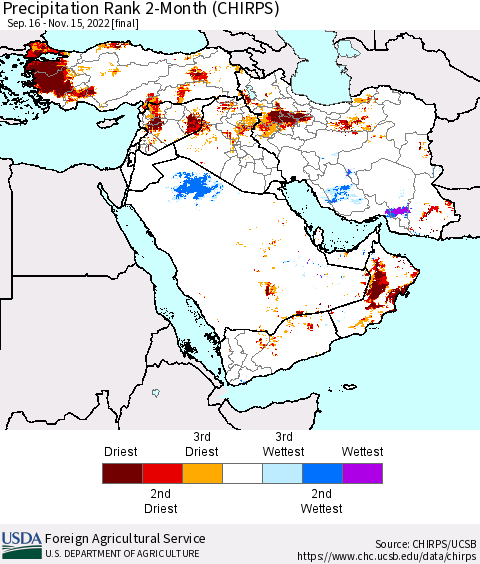 Middle East and Turkey Precipitation Rank since 1981, 2-Month (CHIRPS) Thematic Map For 9/16/2022 - 11/15/2022