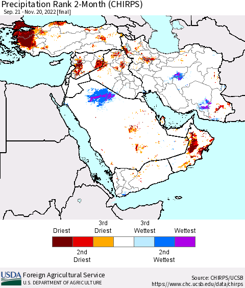 Middle East and Turkey Precipitation Rank since 1981, 2-Month (CHIRPS) Thematic Map For 9/21/2022 - 11/20/2022