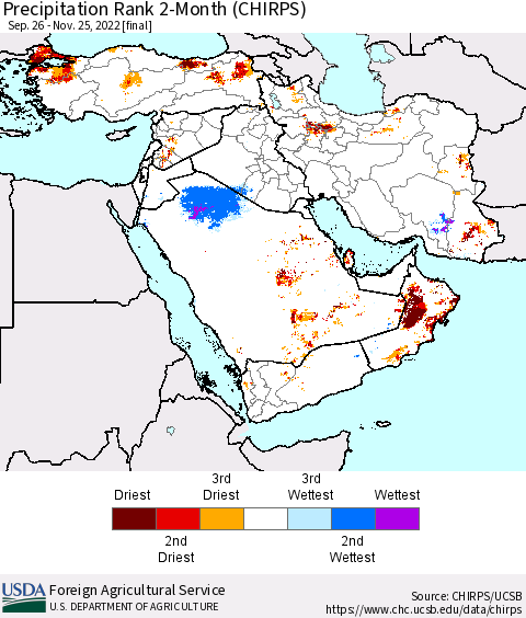 Middle East and Turkey Precipitation Rank since 1981, 2-Month (CHIRPS) Thematic Map For 9/26/2022 - 11/25/2022