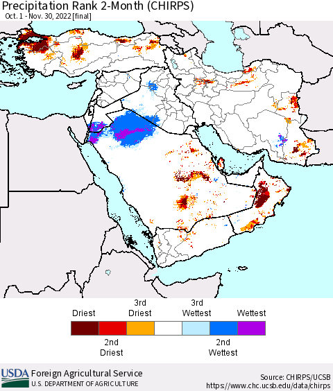 Middle East and Turkey Precipitation Rank since 1981, 2-Month (CHIRPS) Thematic Map For 10/1/2022 - 11/30/2022