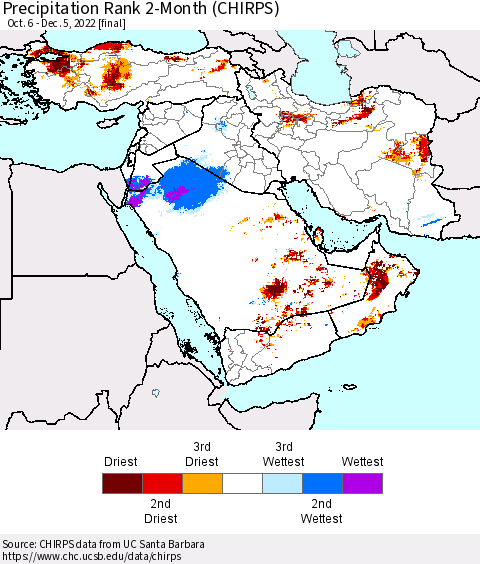 Middle East and Turkey Precipitation Rank since 1981, 2-Month (CHIRPS) Thematic Map For 10/6/2022 - 12/5/2022