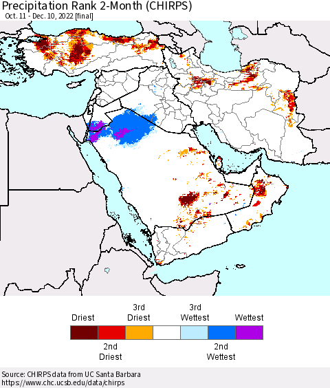 Middle East and Turkey Precipitation Rank since 1981, 2-Month (CHIRPS) Thematic Map For 10/11/2022 - 12/10/2022