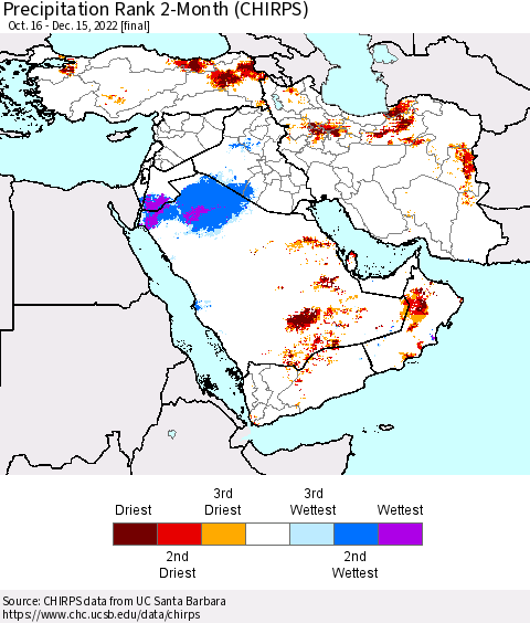 Middle East and Turkey Precipitation Rank since 1981, 2-Month (CHIRPS) Thematic Map For 10/16/2022 - 12/15/2022