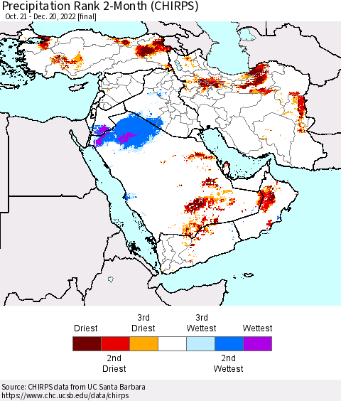 Middle East and Turkey Precipitation Rank since 1981, 2-Month (CHIRPS) Thematic Map For 10/21/2022 - 12/20/2022