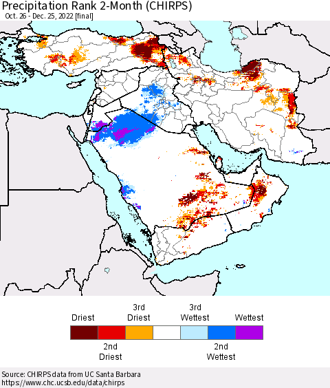 Middle East and Turkey Precipitation Rank since 1981, 2-Month (CHIRPS) Thematic Map For 10/26/2022 - 12/25/2022