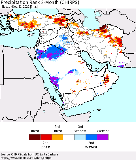 Middle East and Turkey Precipitation Rank since 1981, 2-Month (CHIRPS) Thematic Map For 11/1/2022 - 12/31/2022