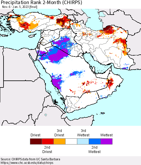 Middle East and Turkey Precipitation Rank since 1981, 2-Month (CHIRPS) Thematic Map For 11/6/2022 - 1/5/2023