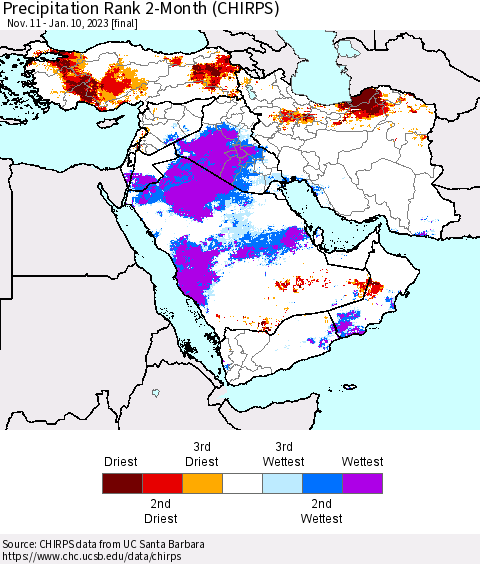 Middle East and Turkey Precipitation Rank since 1981, 2-Month (CHIRPS) Thematic Map For 11/11/2022 - 1/10/2023